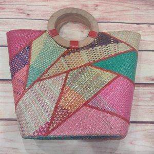 Wicker Rattan Basket Purse with Handles Tote Straw Bag Bohemian Bright